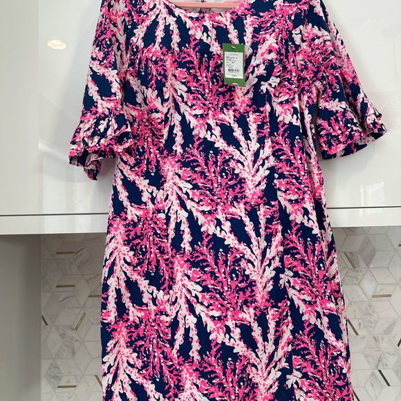 Lilly Pulitzer Fiesta Stretch Ruffle Sleeve Coral Print Dress Size 14 NWT - Picture 7 of 7